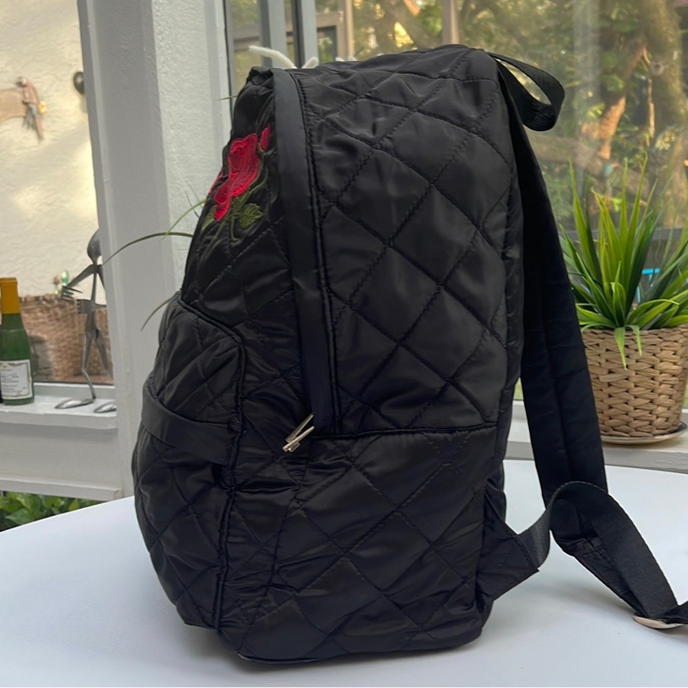 Embroidered Roses Black Quilted Backpack - Picture 5 of 16